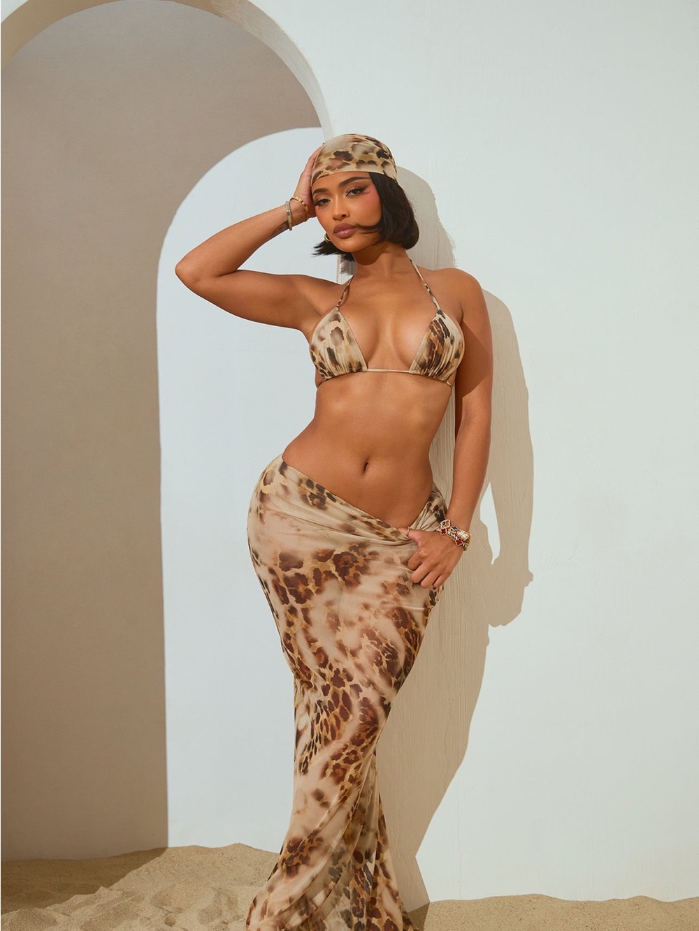 Fashion Nova Leopard Print Beige Brown Bikini Set with Sarong